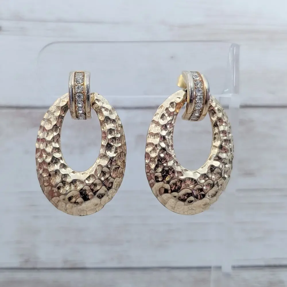 Vintage Stud Earrings Statement Gold Tone Hammered Design with Clear Gems
